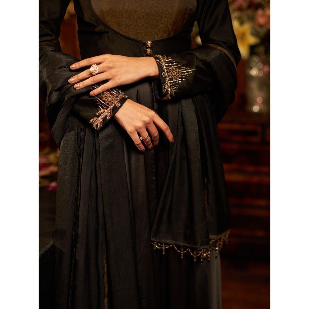 Shreeka Black Satin And Banarasi Silk Tissue Embroidered Anarkali (Set of 3)