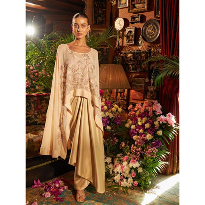 Shreeka Beige Embroidered Kaftan Top With Draped Skirt (Set of 2)