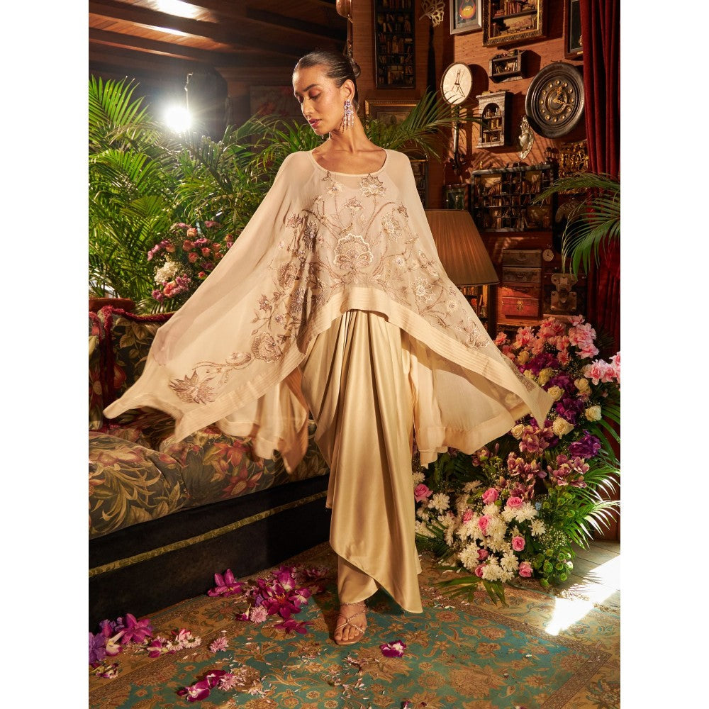 Shreeka Beige Embroidered Kaftan Top With Draped Skirt (Set of 2)