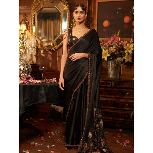 Shreeka Black Hand Embroidered Silk Satin Saree with Stitched Blouse