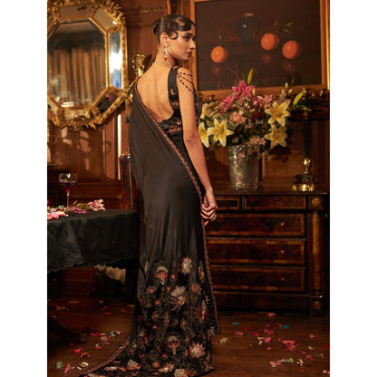 Shreeka Black Hand Embroidered Silk Satin Saree with Stitched Blouse