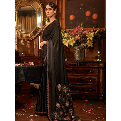 Shreeka Black Hand Embroidered Silk Satin Saree with Stitched Blouse