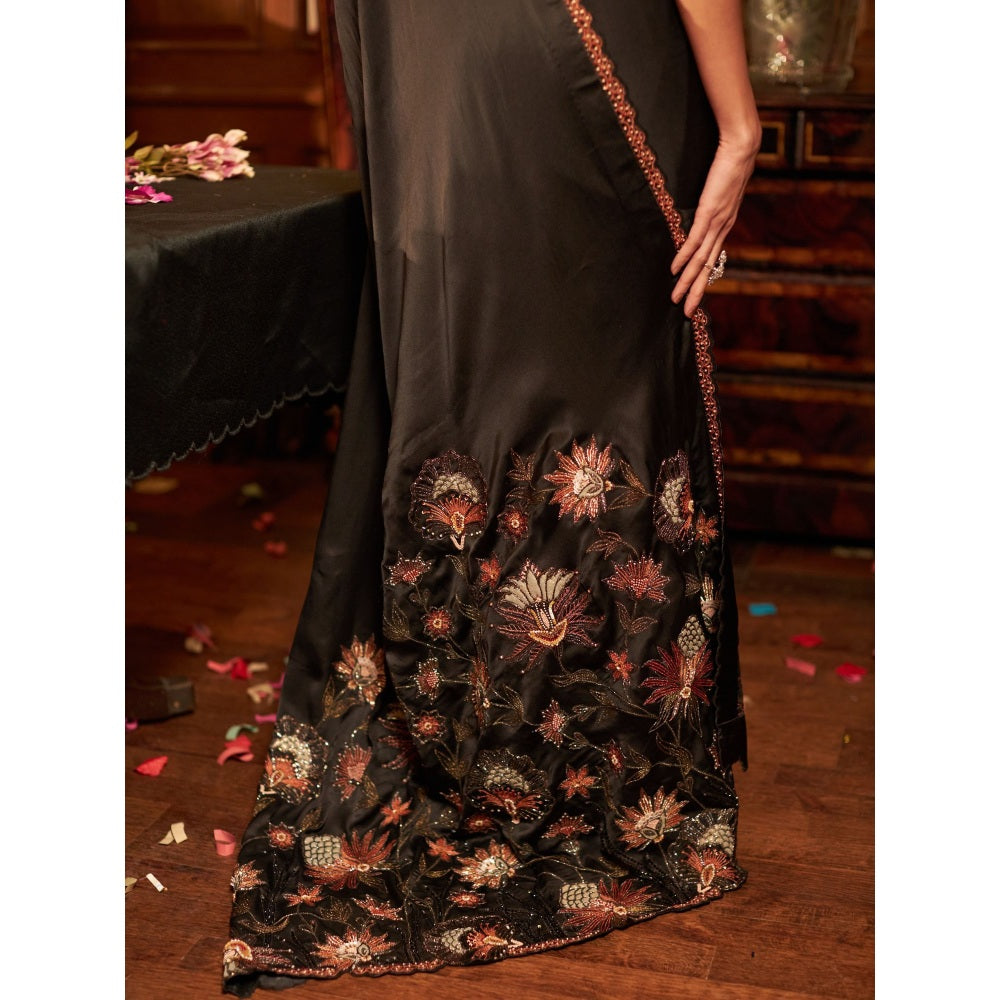 Shreeka Black Hand Embroidered Silk Satin Saree with Stitched Blouse