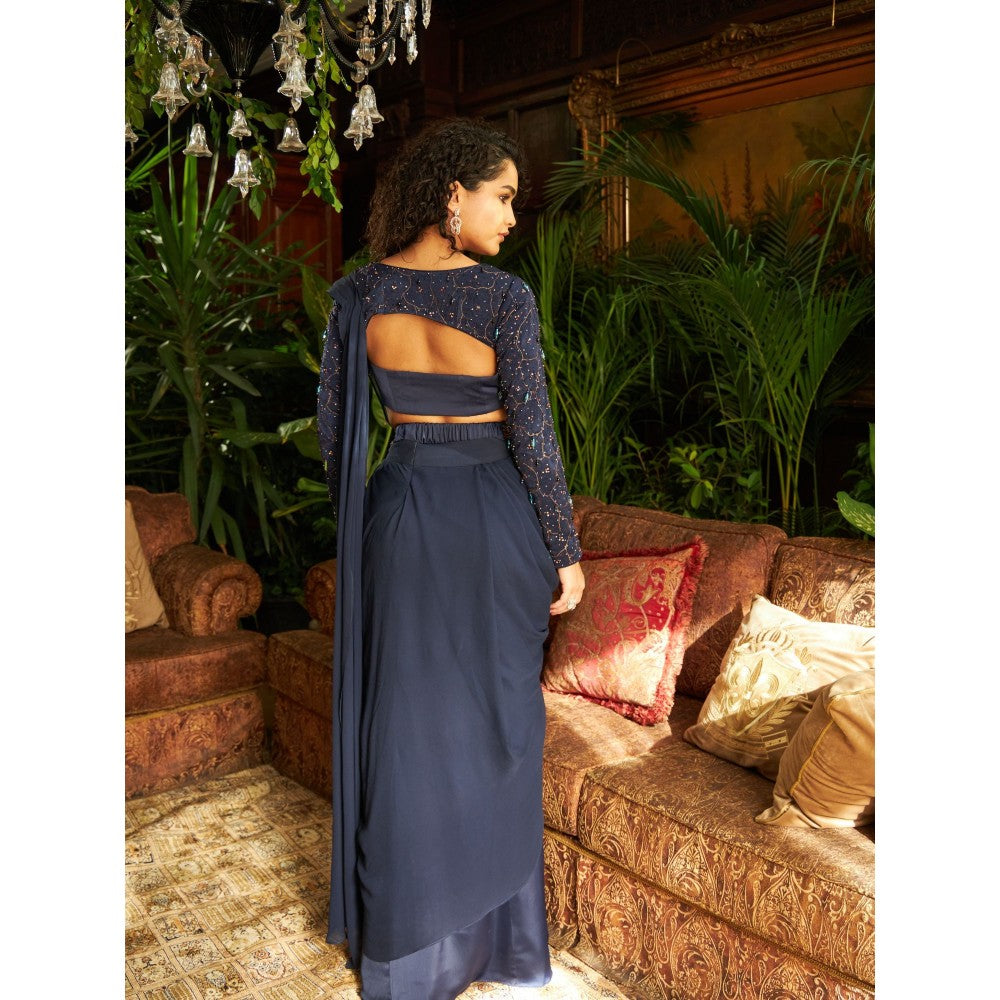 Shreeka Midnight Blue Satin And Georgette Embroidered Drape Saree with Stitched Blouse