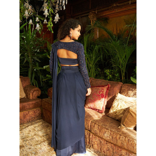 Shreeka Midnight Blue Satin And Georgette Embroidered Drape Saree with Stitched Blouse