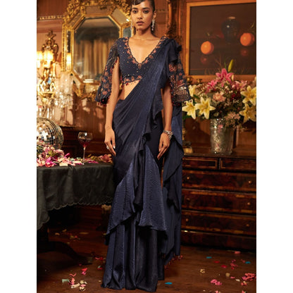 Shreeka Midnight Blue Satin And Georgette Embroidered Drape Saree with Stitched Blouse
