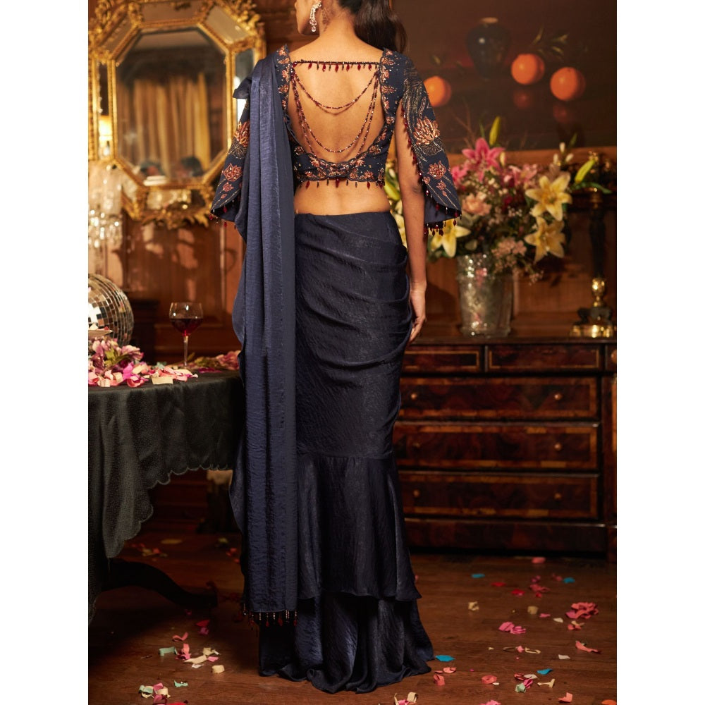 Shreeka Midnight Blue Satin And Georgette Embroidered Drape Saree with Stitched Blouse