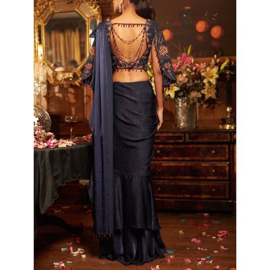 Shreeka Midnight Blue Satin And Georgette Embroidered Drape Saree with Stitched Blouse