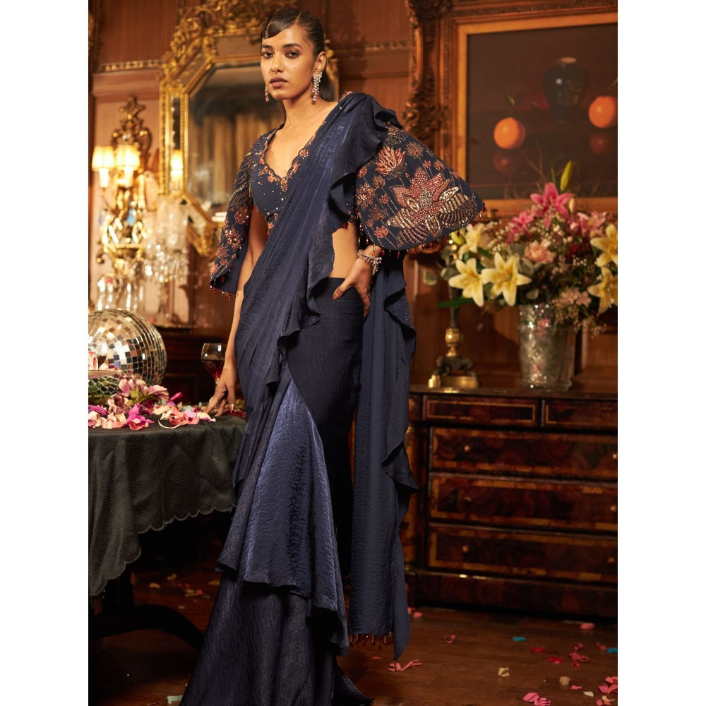 Shreeka Midnight Blue Satin And Georgette Embroidered Drape Saree with Stitched Blouse