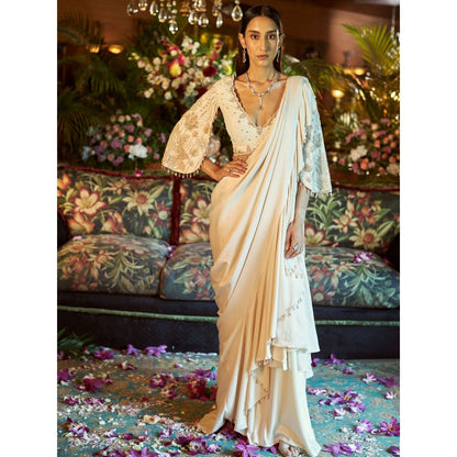 Shreeka Ivory Satin And Georgette Embroidered Drape Saree with Stitched Blouse