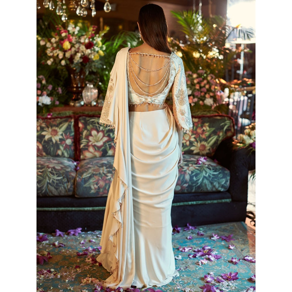 Shreeka Ivory Satin And Georgette Embroidered Drape Saree with Stitched Blouse