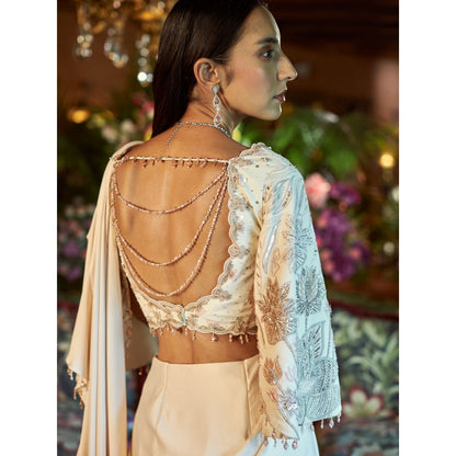 Shreeka Ivory Satin And Georgette Embroidered Drape Saree with Stitched Blouse