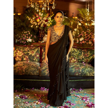 Shreeka Black Georgette Embroidered Drape Saree with Stitched Blouse