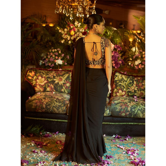 Shreeka Black Georgette Embroidered Drape Saree with Stitched Blouse
