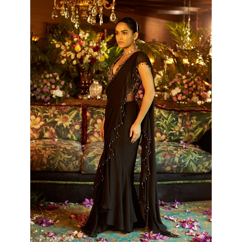 Shreeka Black Georgette Embroidered Drape Saree with Stitched Blouse