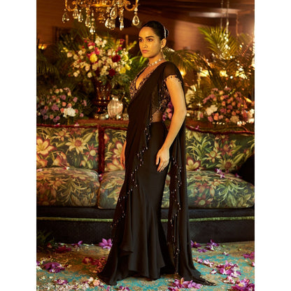 Shreeka Black Georgette Embroidered Drape Saree with Stitched Blouse