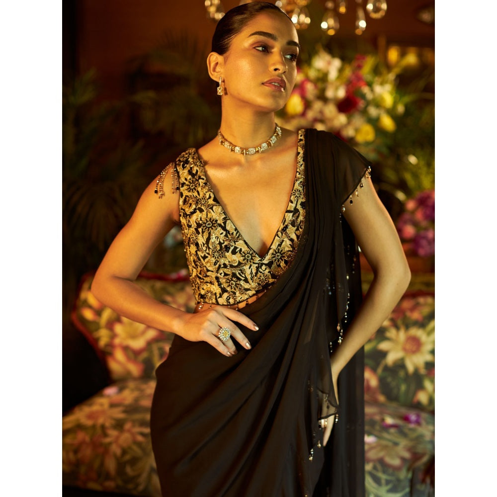 Shreeka Black Georgette Embroidered Drape Saree with Stitched Blouse