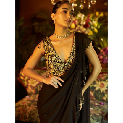 Shreeka Black Georgette Embroidered Drape Saree with Stitched Blouse