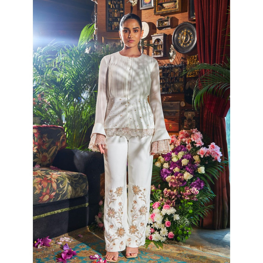 Shreeka Ivory Pleated Shirt Embroidered Co-ord (Set of 2)