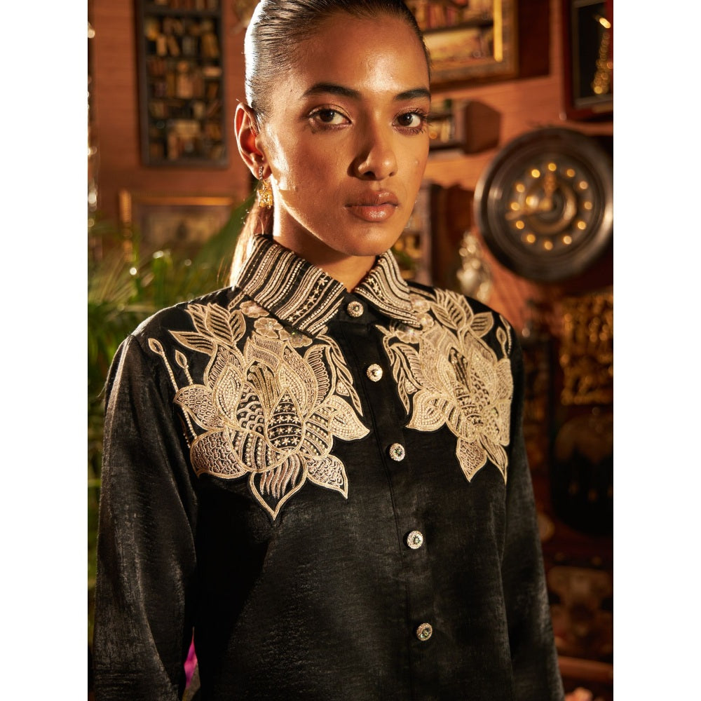 Shreeka Black Satin Pleated Shirt Embroidered Co-ord (Set of 2)