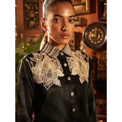 Shreeka Black Satin Pleated Shirt Embroidered Co-ord (Set of 2)