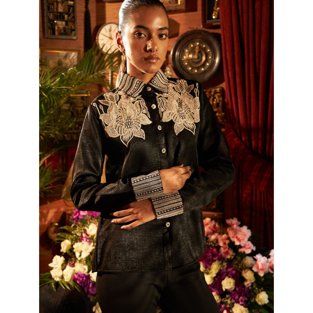 Shreeka Black Satin Pleated Shirt Embroidered Co-ord (Set of 2)
