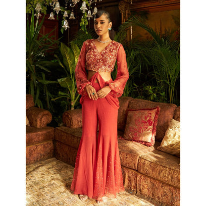 Shreeka Rust Draped Embroidered Sharara (Set of 2)