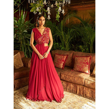 Shreeka Deep Red Draped Blouse Embroidered Georgette Skirt (Set of 2)