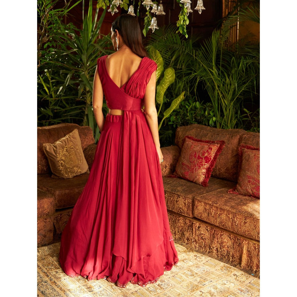 Shreeka Deep Red Draped Blouse Embroidered Georgette Skirt (Set of 2)