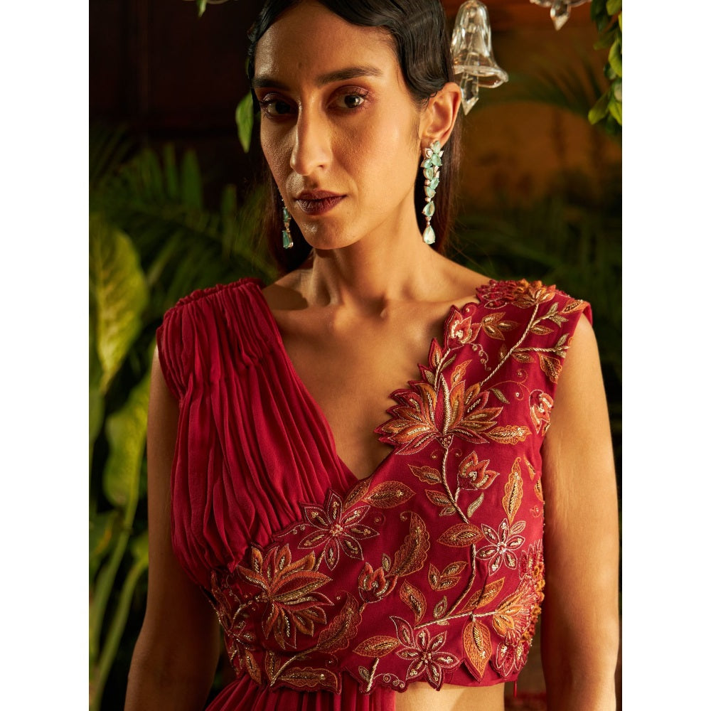Shreeka Deep Red Draped Blouse Embroidered Georgette Skirt (Set of 2)