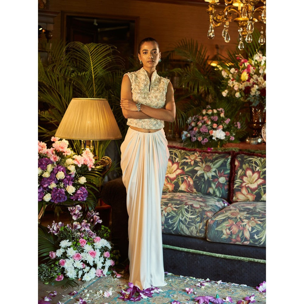 Shreeka Beigie Satin Embroidered Draped Skirt (Set of 2)