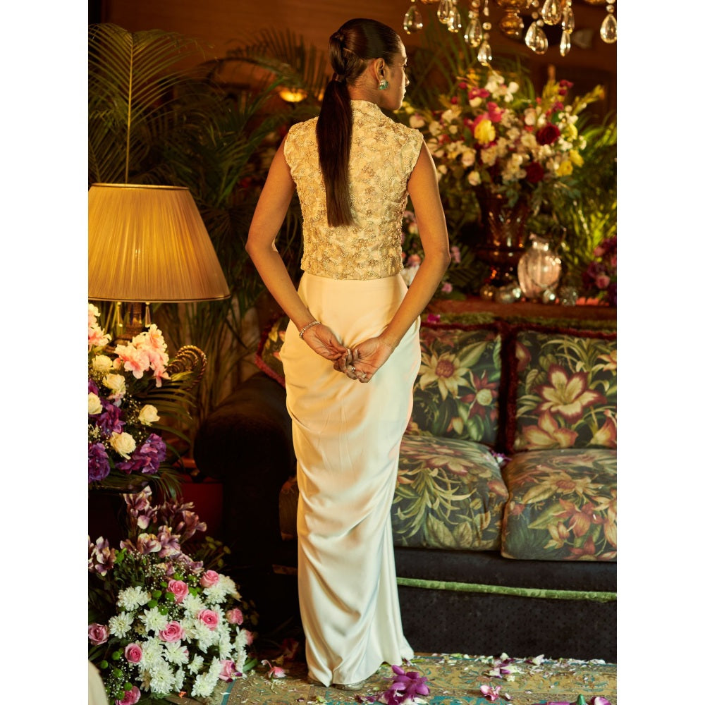 Shreeka Beigie Satin Embroidered Draped Skirt (Set of 2)