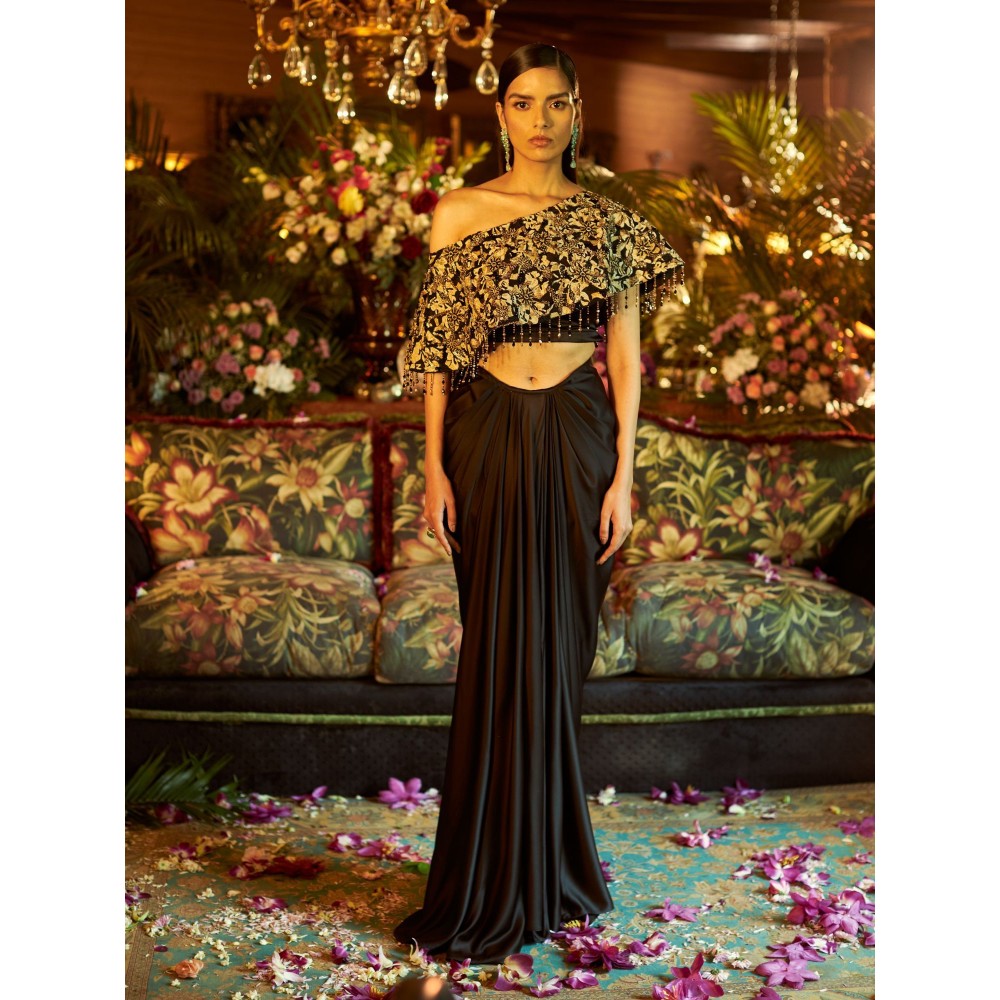 Shreeka Black Satin Embroidered Draped Skirt (Set of 3)