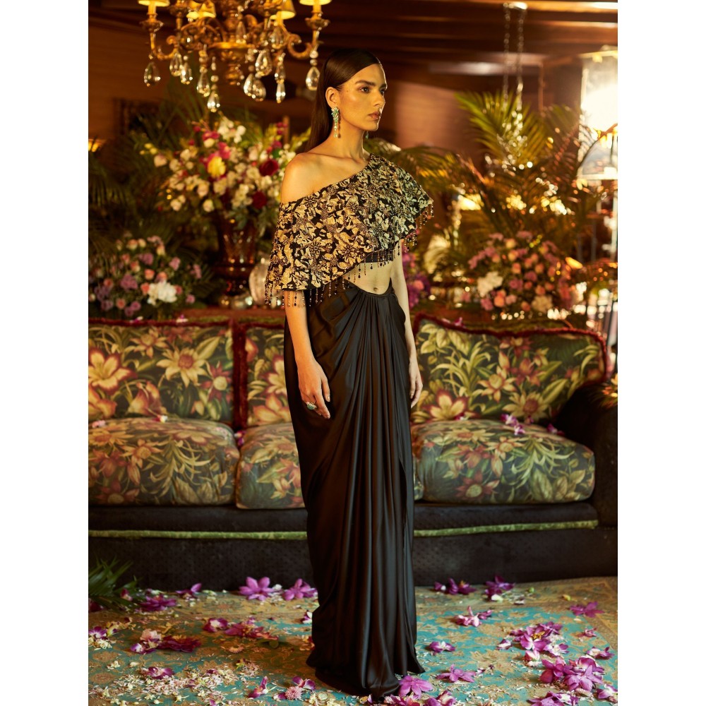 Shreeka Black Satin Embroidered Draped Skirt (Set of 3)