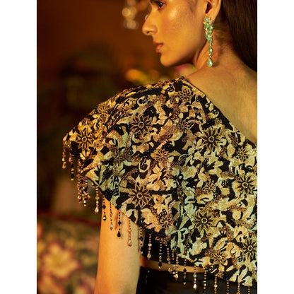 Shreeka Black Satin Embroidered Draped Skirt (Set of 3)