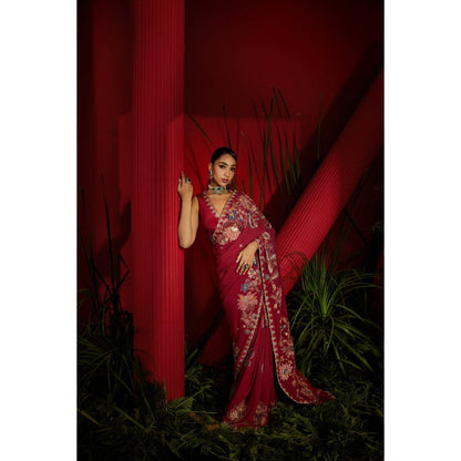 Shreeka Deep Red Crepe Silk Hand Embroidered Saree with Stitched Blouse
