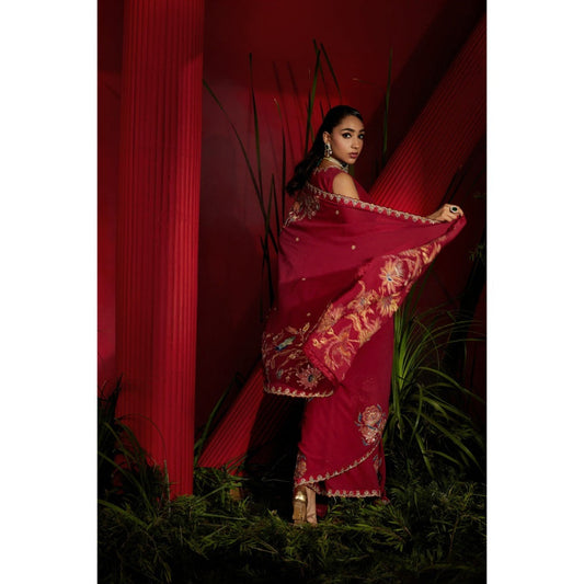 Shreeka Deep Red Crepe Silk Hand Embroidered Saree with Stitched Blouse