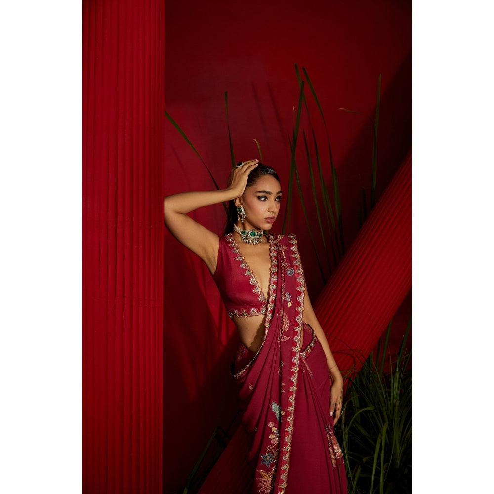 Shreeka Deep Red Crepe Silk Hand Embroidered Saree with Stitched Blouse