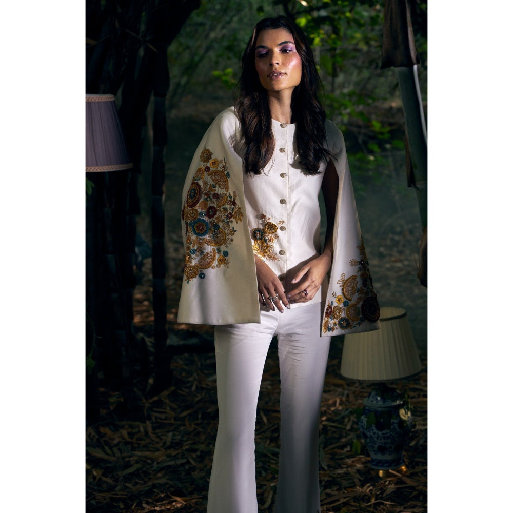 Shreeka Ivory Embroidered Cape Sleeve Jacket with Pant (Set of 2)