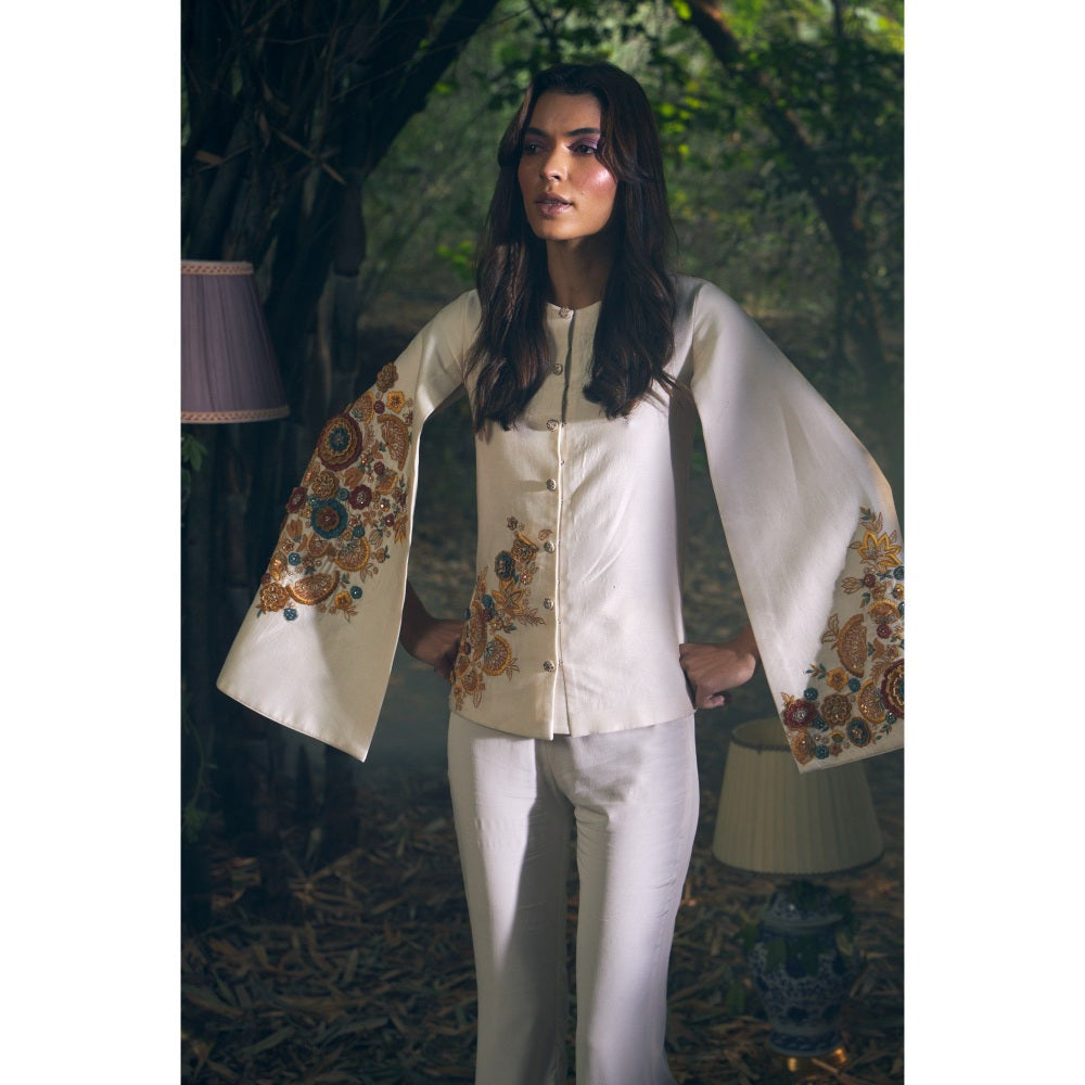 Shreeka Ivory Embroidered Cape Sleeve Jacket with Pant (Set of 2)