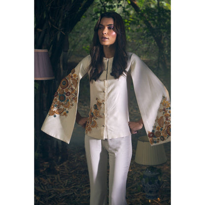 Shreeka Ivory Embroidered Cape Sleeve Jacket with Pant (Set of 2)