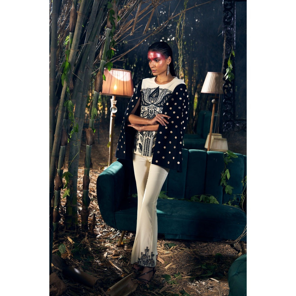 Shreeka Ivory Embroidered Silk Cape Sleeve Top with Pant (Set of 2)