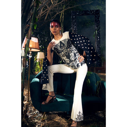 Shreeka Ivory Embroidered Silk Cape Sleeve Top with Pant (Set of 2)