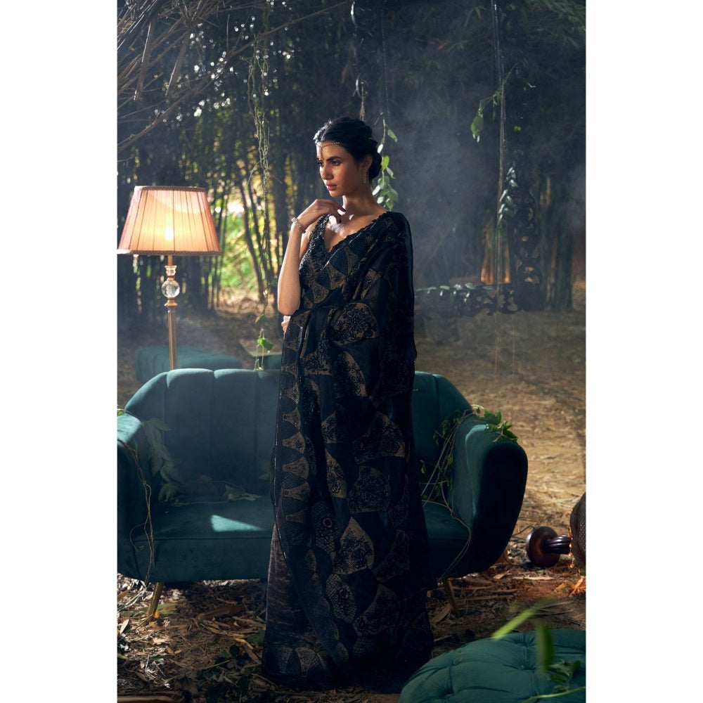 Shreeka Black Embroidered Organza Saree with Stitched Blouse