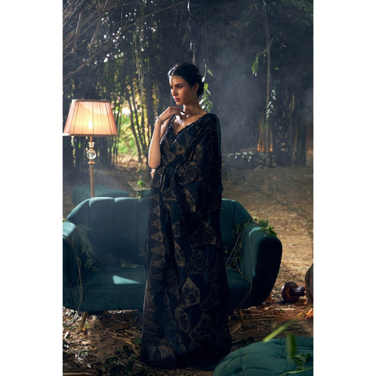 Shreeka Black Embroidered Organza Saree with Stitched Blouse