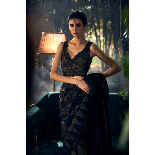 Shreeka Black Embroidered Organza Saree with Stitched Blouse