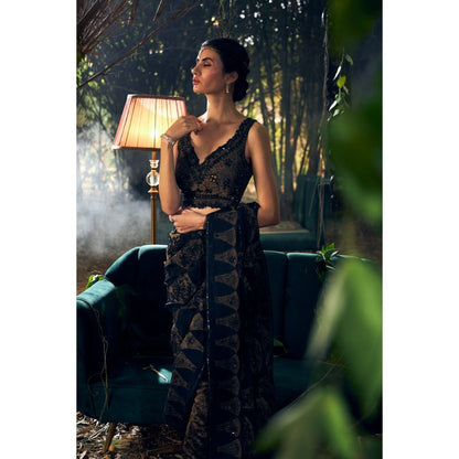 Shreeka Black Embroidered Organza Saree with Stitched Blouse