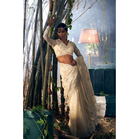 Shreeka Beige Embroidered Organza Saree with Stitched Blouse