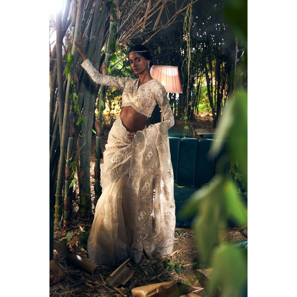 Shreeka Beige Embroidered Organza Saree with Stitched Blouse
