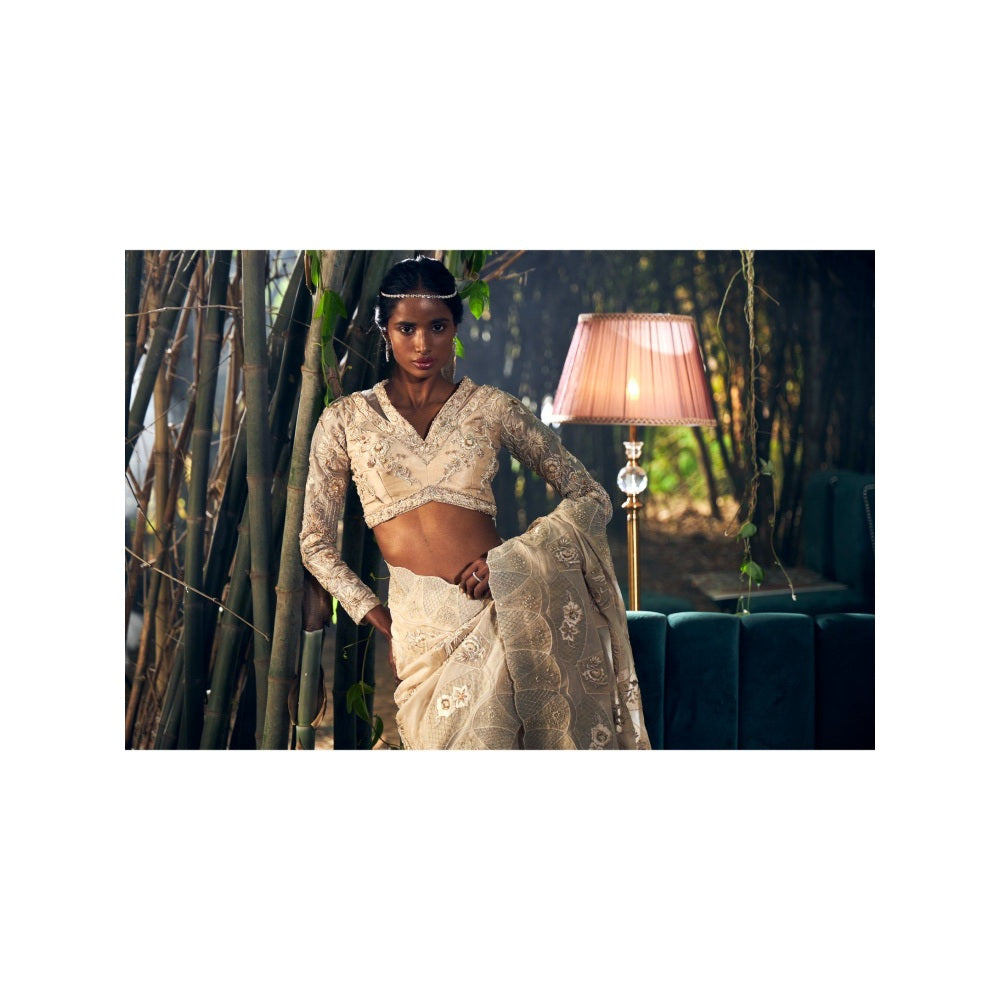 Shreeka Beige Embroidered Organza Saree with Stitched Blouse